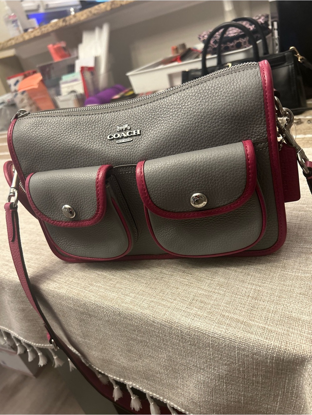 Coach Gray Pebbled Leather Crossbody with Pink Trim